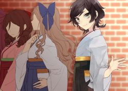 Rule 34 | 10s, 4girls, asakaze (kancolle), bad id, bad twitter id, black hair, blue hakama, bow, brick wall, brown hair, commentary request, drill hair, furisode, green eyes, green hakama, hair bow, hair ribbon, hakama, hakama skirt, harukaze (kancolle), hip vent, hita (hitapita), japanese clothes, kamikaze (kancolle), kantai collection, kimono, light brown hair, long hair, looking at viewer, matsukaze (kancolle), meiji schoolgirl uniform, multiple girls, parted bangs, pink kimono, purple hair, red bow, red hakama, ribbon, short hair, sidelocks, skirt, smile, swept bangs, twin drills, waving, wavy hair