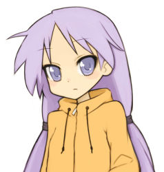 Rule 34 | 00s, 1girl, alternate hairstyle, blue eyes, blush stickers, close-up, hiiragi kagami, hood, hoodie, long hair, lucky star, purple hair, riichi, simple background, solo, tsurime, twintails, yamaden (gottamix)