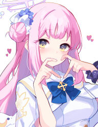 Rule 34 | 1girl, blue archive, blush, capelet, closed mouth, dress, flower, hair bun, hair flower, hair ornament, halo, heart, highres, long hair, looking at viewer, mika (blue archive), pink hair, pink halo, purple flower, simple background, single side bun, smile, solo, upper body, white background, white capelet, white dress, yashiro osa, yellow eyes