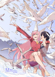 Rule 34 | 1boy, 1girl, barefoot, bird, blue eyes, blue sky, carrying, chicke iii, couple, darling in the franxx, fangs, feet, highres, hiro (darling in the franxx), horns, long hair, military, military uniform, necktie, open mouth, outstretched arms, partially submerged, pink hair, princess carry, sky, smile, sunlight, toes, uniform, wading, water, zero two (darling in the franxx)