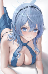 Rule 34 | 1girl, absurdres, ako (blue archive), ako (dress) (blue archive), ass, backless dress, backless outfit, blue archive, blue eyes, blue hair, blush, breasts, butt crack, cleavage, dress, halo, highres, large breasts, looking at viewer, lying, official alternate costume, on stomach, renge (730), sideless dress, solo, sweat