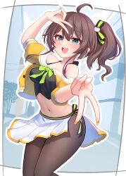 Rule 34 | 1girl, absurdres, ahoge, aqua eyes, arm up, black camisole, black pantyhose, blush, border, bow, bowtie, breasts, brown hair, camisole, commentary request, double v, fingernails, green bow, green bowtie, hair between eyes, highres, hololive, jacket, looking at viewer, midriff, nail polish, natsuiro matsuri, natsuiro matsuri (1st costume), navel, nokonata, off-shoulder jacket, off shoulder, open mouth, pantyhose, pleated skirt, short sleeves, side ponytail, sketch background, skirt, small breasts, smile, solo, teeth, thighs, upper teeth only, v, virtual youtuber, white border, white skirt, yellow jacket, yellow nails