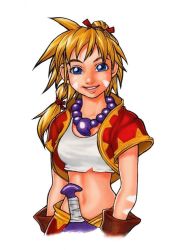 Rule 34 | 1girl, artist request, blonde hair, blue eyes, braid, breasts, chrono cross, gloves, jewelry, kid (chrono cross), lips, long hair, midriff, multi-tied hair, navel, necklace, ponytail, single braid, skirt, smile, solo, source request, vest