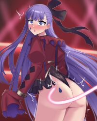 Rule 34 | 1girl, absurdres, alternate costume, artist request, ass, ass focus, blue eyes, blush, bow, constricted pupils, fate/grand order, fate (series), from behind, hair bow, hair ribbon, highres, leaning, leaning forward, leotard, long hair, looking at viewer, meltryllis (fate), purple hair, ribbon, solo, spanked, sweatdrop, teardrop, teardrop facial mark, teardrop tattoo, tears, thong leotard, very long hair, whip