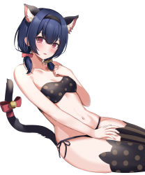 Rule 34 | 1girl, animal ear fluff, animal ear legwear, animal ears, asymmetrical legwear, bell, black bra, black hairband, black panties, blue hair, blush, bow, bra, breasts, cat ears, cat girl, cat tail, collarbone, commentary, hair bow, hairband, hand on own chest, hand on own leg, hand up, highres, idolmaster, idolmaster shiny colors, jingle bell, leaning back, medium hair, mismatched legwear, mm (pomeme4), morino rinze, navel, open mouth, panties, polka dot, polka dot bow, polka dot bra, polka dot legwear, red bow, red eyes, side-tie panties, simple background, sitting, small breasts, solo, stomach, striped clothes, striped thighhighs, tail, tail bow, tail ornament, thighhighs, underwear, underwear only, vertical-striped clothes, vertical-striped thighhighs, white background, yellow bow