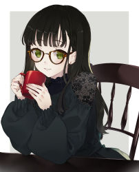 Rule 34 | 1girl, black dress, black hair, black shirt, brown-framed eyewear, chair, coffee mug, commentary request, cup, dress, earrings, glasses, green eyes, hands up, highres, holding, holding cup, jewelry, kusaka kou, long hair, long sleeves, looking at viewer, mug, original, parted lips, puffy sleeves, shirt, sidelocks, sitting, smile, solo, table