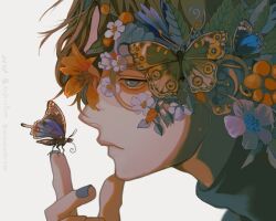 Rule 34 | 1boy, blue butterfly, blue eyes, blue nails, brown hair, bug, butterfly, butterfly on hand, closed mouth, cognacbear, expressionless, flower, highres, insect, leaf, male focus, nail polish, original, short hair, simple background, solo, twitter username, white background
