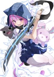 Rule 34 | animal hood, blue nails, blue ribbon, blue skirt, blush, cat, cat girl, colored inner hair, frilled sailor collar, frills, highres, hitsujisnow, holding hands, hololive, hood, looking at viewer, minato aqua, minato aqua (sailor), multicolored hair, nail polish, neko (minato aqua), open mouth, pantyhose, pleated skirt, purple eyes, ribbon, sailor collar, scarf, skirt, streaked hair, stuffed animal, stuffed toy, sword, two-tone hair, virtual youtuber, weapon, white pantyhose