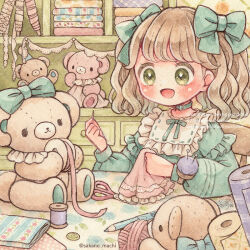 Rule 34 | 1girl, aqua bow, aqua choker, aqua dress, aqua ribbon, blush, bow, buttons, center frills, cloth, commentary, commentary request, drawer, dress, english commentary, frilled dress, frilled sleeves, frills, green eyes, hair bow, holding cloth, indoors, lace, light brown hair, long sleeves, looking at object, medium hair, mixed-language commentary, needle, on chair, open mouth, original, pencil, pink stuffed animal, puffy long sleeves, puffy sleeves, ribbon, sakano machi, scissors, sewing, sewing needle, shelf, smile, solo, stuffed animal, stuffed toy, teddy bear, twintails, twitter username, upper body, yarn, yarn ball, yarn bobbin
