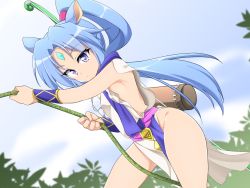 Rule 34 | 10s, 1girl, animal ears, bare arms, bare legs, blue hair, bow (weapon), day, dog days, facial mark, forehead jewel, gauntlets, hachi (chihagura), horse ears, horse girl, horse tail, long hair, looking at viewer, naked tabard, nipple slip, nipples, no bra, no panties, outdoors, plant, ponytail, purple eyes, quiver, sash, seven arcs, sharu (dog days), solo, tabard, tail, thighs, very long hair, vines, weapon