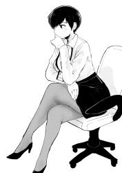 Rule 34 | 1girl, absurdres, breasts, chair, collared shirt, commentary, crossed legs, earrings, english commentary, greyscale, halftone, hand to own mouth, high heels, highres, id card, jewelry, lanyard, large breasts, legs, miniskirt, monochrome, norman maggot, office chair, office lady, olive laurentia, original, pantyhose, pencil skirt, pixie cut, pumps, shirt, shoes, short hair, simple background, sitting, skirt, solo, sweatdrop, swivel chair, thinking, white background
