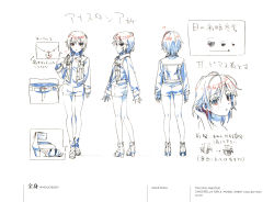 Rule 34 | 1girl, absurdres, character name, character sheet, copyright name, denim, denim jacket, from side, highres, idolmaster, idolmaster cinderella girls, jacket, multiple views, official art, partially colored, production art, scan, short shorts, shorts, simple background, turnaround, white background, zip available