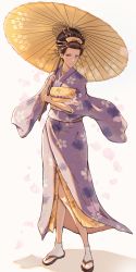 Rule 34 | 1girl, black hair, blush, cherry blossoms, eyeshadow, falling petals, floral print, front slit, hair ornament, hair pulled back, hairpin, hands up, highres, holding, holding umbrella, japanese clothes, kanzashi, kimono, knees together feet apart, light smile, looking at viewer, makeup, nihongami, obi, oil-paper umbrella, oiran, original, petals, print kimono, purple kimono, sandals, sash, shade, short hair, solo, standing, tabi, umbrella, wide sleeves, yogert egg, zouri