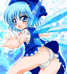 1girl blue_background blue_dress blue_eyes blue_hair bow cameltoe cirno dress female_focus from_behind matching_hair/eyes miwatari_renge open_mouth panties pantyshot solo touhou underwear wings