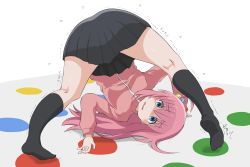 Rule 34 | 1girl, ass, black socks, blue eyes, bocchi the rock!, cube hair ornament, gotoh hitori, hair ornament, highres, hirondo, jacket, kneepits, long hair, no shoes, pink hair, socks, solo, tears, track jacket, twister, white background