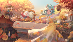 Rule 34 | 2girls, :d, ahoge, animal, animal ear fluff, animal ears, antlers, apple, aqua hair, autumn, autumn leaves, beer keg, bench, blonde hair, blue dress, blue neckwear, blunt bangs, bottle, breasts, cat ears, character request, cleavage, closed eyes, commentary request, cranberry, crate, cup, cupcake, deer, deer antlers, deme (karesuki), dress, english text, fang, floral print, flower, food, fruit, gloves, gradient hair, grapes, green hair, hair blowing, hair flower, hair ornament, ham, highres, holding, holding cup, holding food, horns, jar, lanmewko, lantern, looking at viewer, macaron, medium breasts, muffin, multicolored hair, multiple girls, open mouth, orange (fruit), orange slice, original, outdoors, pear, pie, pumpkin, purple eyes, red ribbon, red shirt, ribbon, scarecrow, shirt, sidelocks, smile, standing, table, tablecloth, teeth, thanksgiving, tree, turkey (bird), two-tone hair, upper teeth only, wagon, white gloves, white hair, wind, wind lift, wine bottle, yellow dress, yellow leaves