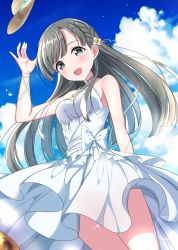 Rule 34 | 1girl, :d, arm up, bare shoulders, blue sky, blush, bow, braid, breasts, brown hair, brown hat, clothes lift, cloud, cloudy sky, commentary request, day, dress, dress lift, flower, green eyes, hair flower, hair ornament, hat, highres, idolmaster, idolmaster cinderella girls, kobayakawa sae, long hair, looking at viewer, medium breasts, open mouth, outdoors, sky, sleeveless, sleeveless dress, smile, solo, summer, sun hat, sutoroa, unworn hat, unworn headwear, very long hair, white bow, white dress, yellow flower