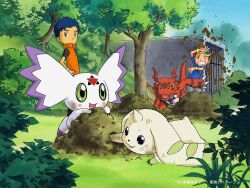 Rule 34 | 00s, blue hair, brown hair, bush, claws, copyright name, creature, culumon, digimon, digimon (creature), digimon tamers, dirt, dirty, goggles, goggles on head, grass, guilmon, happy, highres, horns, lee jianliang, looking at another, matsuda takato, multiple boys, official art, one eye closed, sharp teeth, single horn, teeth, terriermon, toei animation, tree, wristband