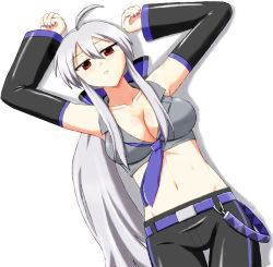 Rule 34 | 1girl, ahoge, belt, breasts, cleavage, commentary request, detached sleeves, headphones, large breasts, long hair, looking at viewer, midriff, nail polish, necktie, pico (artist), ponytail, red eyes, ribbon, silver hair, simple background, solo, very long hair, vocaloid, white background, yowane haku