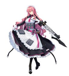 Rule 34 | absurdres, bayonet, belt, belt pouch, black footwear, buckle, counter:side, full body, gloves, gun, highres, holding, holding gun, holding weapon, long hair, long sleeves, maid, maid headdress, necktie, official art, pink hair, pouch, shotgun, shotgun shell, skirt, skirt hold, snap-fit buckle, transparent background, unconventional maid, veronica (counter:side), weapon, white gloves, yellow eyes