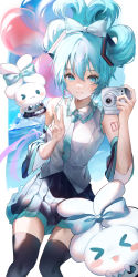 Rule 34 | &gt; &lt;, &gt; o, 1girl, :3, :d, absurdres, aqua eyes, aqua hair, aqua necktie, arm tattoo, balloon, bare shoulders, black skirt, black sleeves, black thighhighs, blue bow, blue sky, blush, blush stickers, bow, camera, cinnamiku, cinnamoroll, cloud, collared shirt, day, detached sleeves, ear bow, eyelashes, frilled shirt, frilled shirt collar, frills, hair between eyes, hair bow, hair ornament, hands up, hatsune miku, highres, holding, holding camera, long hair, long sleeves, looking at viewer, necktie, number tattoo, ocean, one eye closed, open mouth, parted lips, pleated skirt, rabbit, ramune (raamu), sanrio, shirt, sidelocks, skirt, sky, sleeveless, sleeveless shirt, smile, standing, tattoo, thighhighs, tie clip, tied ears, updo, v, vocaloid, water, white shirt, wide sleeves, wing collar, zettai ryouiki