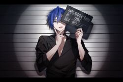 Rule 34 | 1boy, black choker, black shirt, blue eyes, blue hair, choker, commentary request, double-parted bangs, english text, hair between eyes, highres, holding, holding sign, kaito (vocaloid), lapels, long sleeves, looking at viewer, male focus, mugshot, notched lapels, one eye covered, open mouth, parang 99, shirt, short hair, sign, sleeves past elbows, solo, upper body, vocaloid