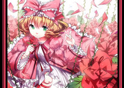 Rule 34 | 1girl, blonde hair, bow, coat, crying, crying with eyes open, doll joints, dress, flower, green eyes, hair bow, hinaichigo, joints, juliet sleeves, long sleeves, open clothes, open coat, petals, pink bow, plant, puffy sleeves, red flower, red rose, rose, rosele, rozen maiden, smelling flower, solo, tears, vines, white dress