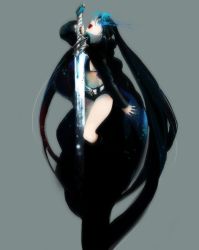 Rule 34 | 10s, 1girl, bad id, bad pixiv id, belt, bikini, bikini top only, black hair, black nails, black rock shooter, black rock shooter (character), blue eyes, boots, coat, flat chest, front-tie top, glowing, glowing eye, glowing eyes, hatsune miku, hood, hooded jacket, huge weapon, jacket, kanke (yonkuma), knee boots, long hair, looking up, midriff, nail polish, pale skin, short shorts, shorts, simple background, solo, star (symbol), swimsuit, sword, twintails, uneven twintails, very long hair, vocaloid, weapon