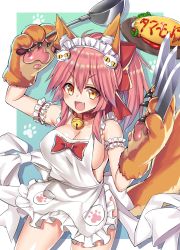 Rule 34 | 1girl, :3, absurdres, animal ears, animal hands, apron, bell, blush, breasts, cleavage, collar, collarbone, fang, fate/grand order, fate (series), food, fox ears, fox tail, google (asdek18), hair ribbon, highres, large breasts, long hair, looking at viewer, maid headdress, naked apron, neck bell, open mouth, pink hair, ribbon, solo, tail, tamamo (fate), tamamo cat (fate), tamamo cat (third ascension) (fate), tamamo no mae (fate/extra), yellow eyes