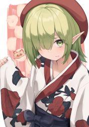 Rule 34 | 1girl, amen osora, aoi (princess connect!), blush, breasts, elf, green eyes, green hair, hat, highres, japanese clothes, kimono, looking at viewer, pointy ears, princess connect!, small breasts
