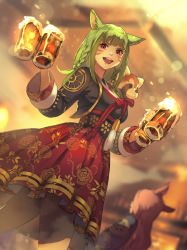 Rule 34 | 2girls, animal, animal ears, animal on shoulder, warrior of light (ff14), beer mug, blurry, blurry background, braid, brown hair, cat ears, cup, dutch angle, facial mark, fictional persona, final fantasy, final fantasy xiv, green hair, hide (hideout), highres, holding, holding cup, long hair, miqo&#039;te, mug, multiple girls, open mouth, red eyes, red panda, side braids, skirt, solo focus, tavern, waitress, whisker markings