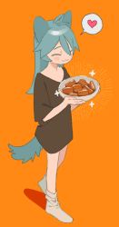 Rule 34 | 1girl, :3, ^ ^, animal ears, ankle socks, antenna hair, aqua hair, bad id, bad pixiv id, blush, bowl, brown shirt, cat ears, cat girl, cat tail, closed eyes, closed mouth, dot nose, eyebrows, facing viewer, food, from side, full body, hair between eyes, hands up, happy, heart, holding, holding bowl, leg up, long hair, loose clothes, loose shirt, niwabuki, no shoes, noshime ruka, orange background, original, shirt, short sleeves, simple background, socks, solo, sparkle, speech bubble, spoken heart, tail, walking, white socks