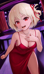 Rule 34 | 1girl, :d, absurdres, blonde hair, blurry, blurry background, bob cut, bracelet, breasts, cleavage, collarbone, commission, dress, earrings, evening gown, hair ribbon, hand on own chest, highres, indoors, jewelry, leaning forward, looking at viewer, lycoris recoil, medium breasts, necklace, nishikigi chisato, one side up, open mouth, red dress, red eyes, red ribbon, revenantart, ribbon, side slit, smile, solo, table