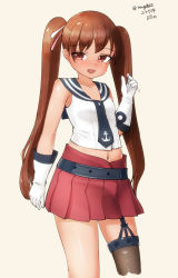 Rule 34 | 1girl, agano (kancolle), agano (kancolle) (cosplay), anchor symbol, asymmetrical legwear, beige background, black sailor collar, brown eyes, brown hair, brown thighhighs, cosplay, cowboy shot, dark-skinned female, dark skin, dress, garter straps, gloves, highres, kantai collection, libeccio (kancolle), long hair, looking at viewer, maru (marg0613), midriff, navel, one-hour drawing challenge, pleated dress, pleated skirt, red skirt, sailor collar, school uniform, serafuku, shirt, simple background, single thighhigh, skirt, sleeveless, sleeveless shirt, solo, thighhighs, twintails, white background, white gloves
