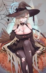 Rule 34 | 1girl, absurdres, asuna (blue archive), bare shoulders, black nails, blue archive, blue eyes, blush, bow, breasts, broom, candy, cleavage, dress, food, grin, hair over one eye, halloween, halo, hat, highres, large breasts, light brown hair, lollipop, long hair, long sleeves, looking at viewer, merumeko, mole, mole on breast, nail polish, off-shoulder dress, off shoulder, pantyhose, silk, skirt, smile, solo, spider web, torn clothes, torn pantyhose, witch, witch hat