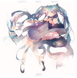 Rule 34 | 1girl, 42441ney, bare shoulders, blue dress, blue eyes, blue gloves, blue hair, blue ribbon, blue scarf, blue sleeves, chinese commentary, constellation print, detached sleeves, dress, fingerless gloves, full body, gloves, hair ornament, hair ribbon, happy new year, hatsune miku, highres, long hair, looking at viewer, new year, open mouth, petticoat, rabbit, rabbit yukine, ribbon, scarf, signature, smile, star (symbol), star hair ornament, striped ribbon, twintails, very long hair, vocaloid, yuki miku, yuki miku (2017)