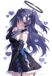 Rule 34 | 1girl, alternate costume, bare shoulders, black dress, blue archive, blush, breasts, chariot.f, closed mouth, detached sleeves, dress, frilled dress, frills, hair ornament, halo, heart, highres, long hair, long sleeves, looking at viewer, mechanical halo, medium breasts, purple eyes, purple hair, signature, simple background, solo, standing, sticker, two side up, white background, x hair ornament, yuuka (blue archive)