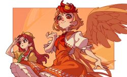 Rule 34 | 2girls, :&gt;, animal, animal on head, ascot, bird, bird on head, bird wings, blonde hair, chick, dress, feathered wings, frilled dress, frills, holding, holding staff, long hair, looking at viewer, multicolored hair, multiple girls, niwatari kutaka, on head, orange (touhou), orange dress, orange theme, puffy short sleeves, puffy sleeves, red ascot, red eyes, red hair, shading eyes, shirt, short hair, short sleeves, soemy, staff, touhou, touhou (pc-98), two-tone hair, white shirt, wings, yellow headwear, yellow shirt, yellow wings