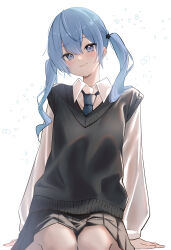 Rule 34 | 1girl, absurdres, alternate costume, alternate hairstyle, arm support, black skirt, black sweater vest, blue eyes, blue hair, blue necktie, closed mouth, collared shirt, commentary request, double-parted bangs, hair between eyes, highres, hololive, hoshimachi suisei, long hair, long sleeves, looking at viewer, necktie, nisi ki no, puffy long sleeves, puffy sleeves, shirt, simple background, sitting, skirt, smile, solo, sweater vest, uniform, virtual youtuber, white background, white shirt