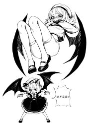 Rule 34 | 1girl, animal ears, bat wings, blush, chinese text, crop top, fkey, greyscale, hair between eyes, hat, hat ribbon, highres, kemonomimi mode, looking at viewer, mary janes, mob cap, monochrome, remilia scarlet, ribbon, school uniform, serafuku, shoes, short hair, short shorts, shorts, simple background, skirt, thighhighs, touhou, white background, wings, wrist cuffs