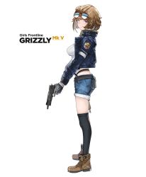 Rule 34 | 1girl, absurdres, boots, breasts, brown hair, character name, commentary, copyright name, denim, denim shorts, english commentary, eyewear on head, fingerless gloves, from side, full body, fur collar, girls&#039; frontline, gloves, grizzly mkv (girls&#039; frontline), gun, handgun, highres, holding, holding gun, holding weapon, jacket, l.a.r. manufacturing, lar grizzly win mag, large breasts, looking at viewer, open clothes, open jacket, purple eyes, shirt, short hair, shorts, smile, solo, sunglasses, swimnemo, thighhighs, trigger discipline, weapon, white background, white shirt