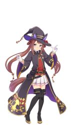 Rule 34 | 1girl, animal ears, bad link, belt, black footwear, black hat, black robe, boots, brown hair, closed mouth, flat chest, full body, game model, hat, highres, horse ears, horse girl, horse tail, long hair, long sleeves, looking at viewer, pleated skirt, purple eyes, robe, skirt, smile, solo, standing, sweep tosho (umamusume), tachi-e, tail, transparent background, twintails, umamusume, very long hair, white skirt, witch hat