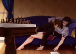 Rule 34 | 1boy, 1girl, artist request, black hair, board game, chess, chess piece, chessboard, couch, curtains, glasses, head grab, high school dxd, highres, hyoudou issei, lying, lying on person, pillow, school uniform, short hair, sleeping, sona sitri, source request, window