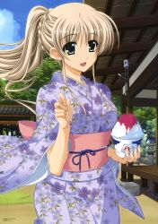 Rule 34 | 00s, 1girl, absurdres, architecture, blonde hair, braid, cloud, day, drinking straw, east asian architecture, floral print, food, french braid, green eyes, higa yukari, highres, holding, holding drinking straw, huge filesize, japanese clothes, key visual, kimono, lily-strosek, long hair, lyrical nanoha, mahou senki lyrical nanoha force, mahou shoujo lyrical nanoha, non-web source, official art, open mouth, pink sash, ponytail, promotional art, sash, shaved ice, sky, solo