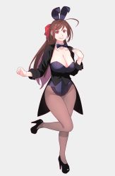 Rule 34 | 1girl, animal ears, black bow, black bowtie, black footwear, black jacket, black leotard, black vest, bow, bowtie, breasts, brown hair, brown pantyhose, cleavage, detached collar, fake animal ears, full body, grey background, hair ornament, hairclip, high heels, highres, jacket, kantai collection, large breasts, leotard, long hair, looking at viewer, mamiya (kancolle), pantyhose, playboy bunny, rabbit ears, rabbit tail, red eyes, simple background, smile, solo, standing, strapless, strapless leotard, suit jacket, tail, vest, yuuji (and)