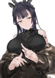 Rule 34 | 1girl, animal ears, antlers, arknights, bare shoulders, black nails, black one-piece swimsuit, blue hair, breasts, brown jacket, commentary, deer antlers, deer ears, deer girl, grey eyes, highres, horns, index finger raised, jacket, large breasts, long hair, looking at viewer, material growth, nail polish, off shoulder, one-piece swimsuit, oripathy lesion (arknights), ribbed sweater, simple background, sketch, smile, solo, sweater, swimsuit, symbol-only commentary, tsukinogi (arknights), unitsu, upper body, white background