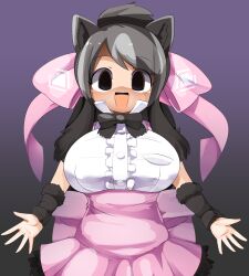 Rule 34 | 1girl, animal ears, arm warmers, bear ears, bear girl, bergman&#039;s bear (kemono friends), black hair, blush, bow, breasts, buttons, center frills, commentary request, cowboy shot, empty eyes, frills, gradient background, grey background, grey hair, hair bow, high-waist skirt, highres, kemono friends, large breasts, lets0020, long hair, looking at viewer, medium bangs, multicolored hair, open mouth, pink bow, pink skirt, purple background, shade, shaded face, shirt, sidelocks, skirt, sleeveless, smile, solo, white shirt
