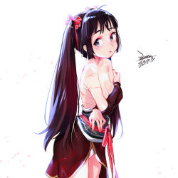 Rule 34 | 1girl, bare shoulders, black hair, blush, breasts, cleavage, dated, dress, ejami, fate seeker, long hair, looking at viewer, medium breasts, open mouth, purple eyes, scar, simple background, solo, topless, twintails, white background