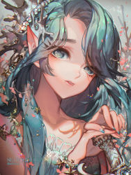 Rule 34 | 1girl, aqua eyes, aqua hair, aqua nails, artist name, character name, collarbone, cookie run, coral, english text, eyebrows, head tilt, kawacy, long hair, nail polish, own hands together, parted lips, pointy ears, sea fairy cookie, solo, sparkle, star (symbol), upper body