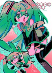 Rule 34 | 2girls, :3, black footwear, black skirt, blush stickers, boots, character name, chibi, commentary request, detached sleeves, drop shadow, dual persona, feet out of frame, floating hair, floating neckwear, food, foot up, green eyes, green hair, green nails, green necktie, grey shirt, hatsune miku, highres, holding, holding food, holding spring onion, holding vegetable, honeycomb (pattern), long hair, looking at viewer, menma (enaic31), miku miku ni shite ageru (vocaloid), multiple girls, necktie, o o, open mouth, pink background, pleated skirt, shirt, skirt, sleeveless, sleeveless shirt, smile, spring onion, swirl, thigh boots, thighhighs, twintails, two-handed, two-tone background, v-shaped eyebrows, vegetable, very long hair, vocaloid, white background, zettai ryouiki